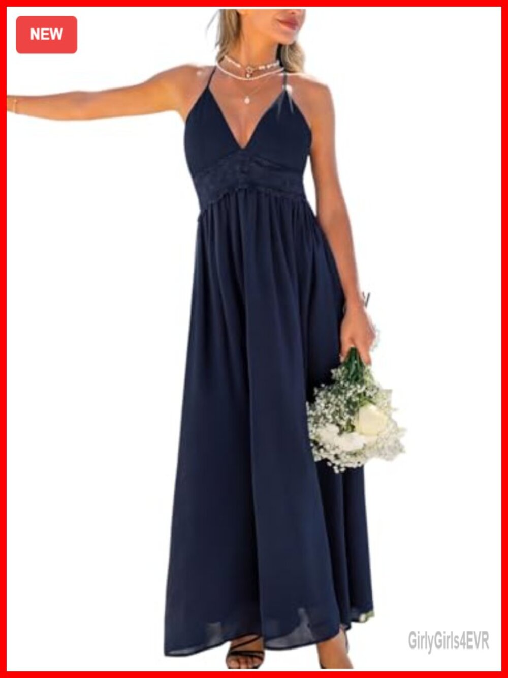 Lace Trim Chiffon Maxi Dress Deep V-Neck Backless Formal
